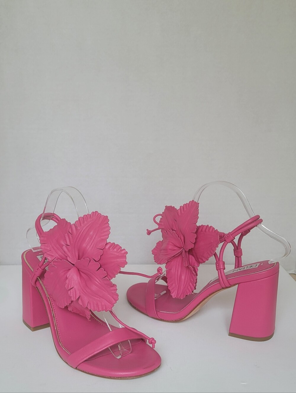 Deltan Leather Hot Pink Flower Embellished Ankle Wrap Tie Block Heel Sandals 8M